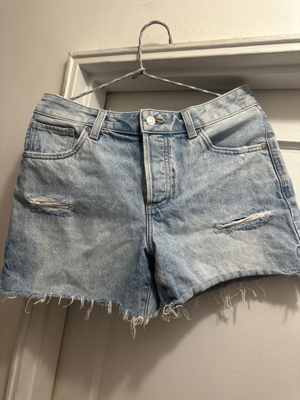 Express Pale Blue Distressed Denim Shorts - Preloved